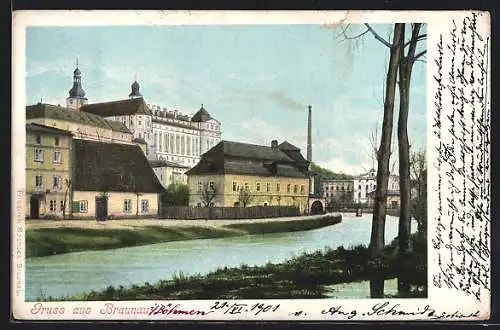 AK Braunau, Uferpartie mit Schloss