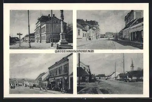 AK Haugsdorf, Strassenpartien mit Kirche und Denkmal