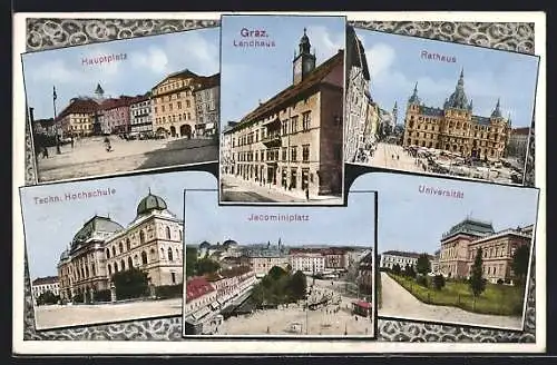 AK Graz, Landhaus, Hauptplatz, Rathaus, Universität, Jacominiplatz, Techn. Hochschule