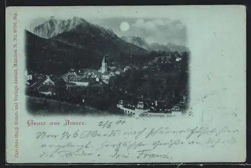 Mondschein-AK Aussee, Ortsansicht mit Bergen aus der Vogelschau