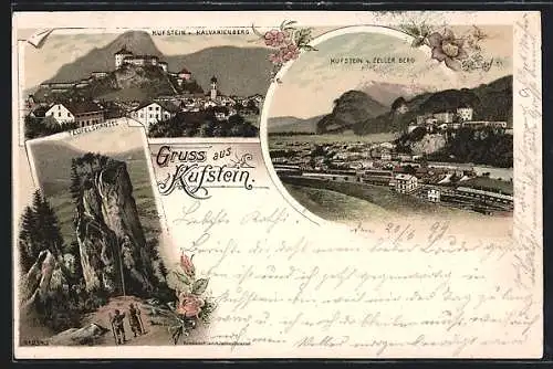 Lithographie Kufstein, Ortsansichten mit Kalvarienberg und Zeller Berg, Teufelskanzel