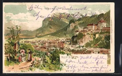 Lithographie Kufstein, Ortsansicht mit Wegstock und Bergblick