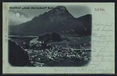 Mondschein-AK Kufstein, Ortsansicht mit Gipfel aus der Vogelschau