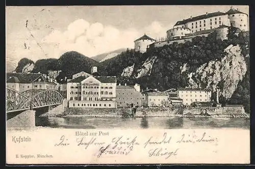 AK Kufstein, Hotel zur Post mit Brücke und Festung