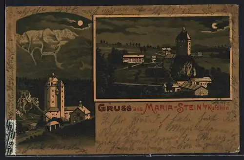 Mondschein-Lithographie Mariastein bei Kufstein, Kirche mit Bergblick, Ortsansicht aus der Vogelschau