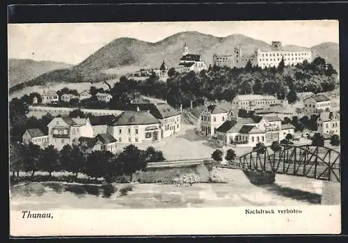 AK Thunau, Ortsansicht mit Flusspartie und Brücke