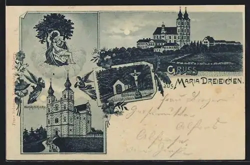 Lithographie Rosenburg-Mold, Maria Dreiechen, Wallfahrtskirche, Heiligendarstellung mit den Drei Eichen