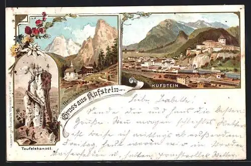 Lithographie Kufstein, Teufelskanzel, Ortsansicht