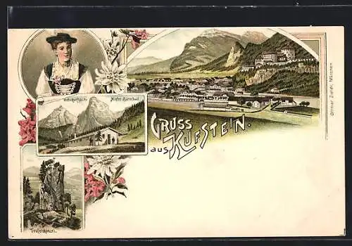 Lithographie Kufstein, Unterkunftshütte Hinter-Bärenbad und Teufelskanzel
