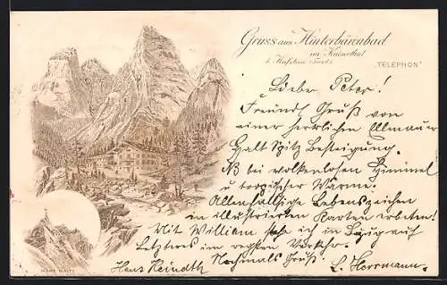 Lithographie Hinterbärenbad im Kaiserthal, Ortsansicht mit Berglandschaft und Gipfelkreuz
