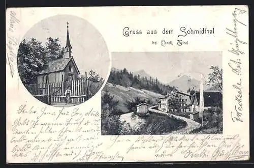 AK Landl /Tirol, Strassenpartie und Kirche im Schmidthal