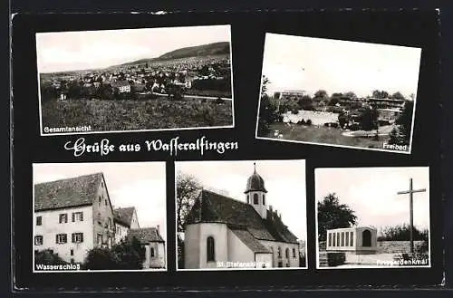 AK Wasseralfingen, Wasserschloss, Freibad, St. Stefanskirche und Kriegerdenkmal