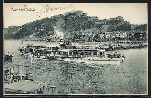 AK Ehrenbreitstein, Festung mit Dampfer Frauenlob