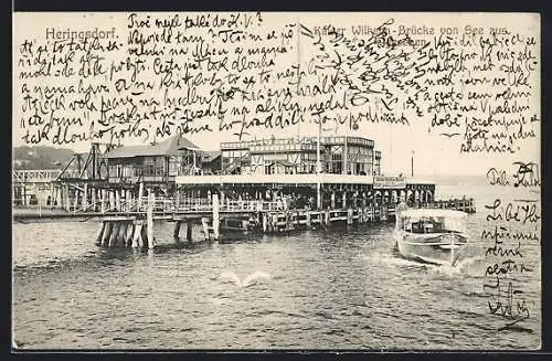 AK Heringsdorf / Seebad, Kaiser Wilhelm-Brücke von See aus gesehen