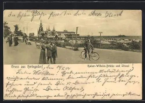 AK Heringsdorf / Seebad, Kaiser-Wilhelm-Brücke und Strand