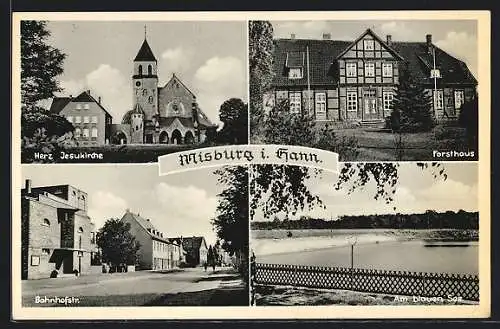 AK Misburg i. Hann., Herz Jesukirche, Forsthaus, Bahnhofstr. und Blauer See
