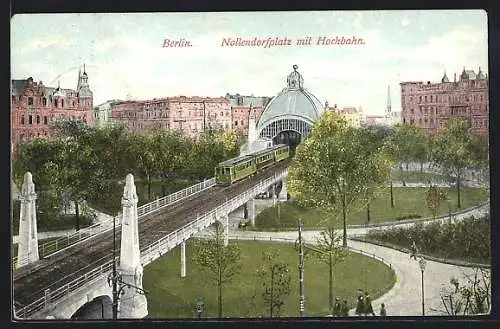 AK Berlin-Schöneberg, Nollendorfplatz mit Hochbahn, ein /ausfahrende U-Bahn