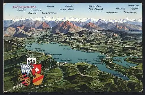 AK Friedrichshafen, Bodenseepanorama mit Alpen und Wappen
