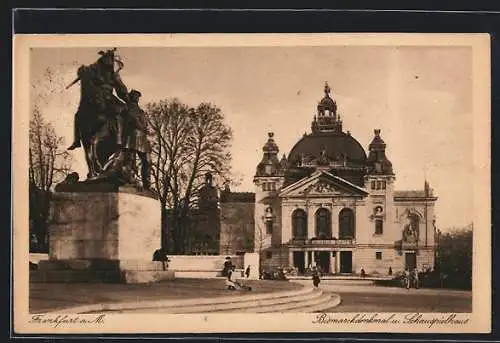 AK Frankfurt a. M., Bismarckdenkmal und Schauspielhaus