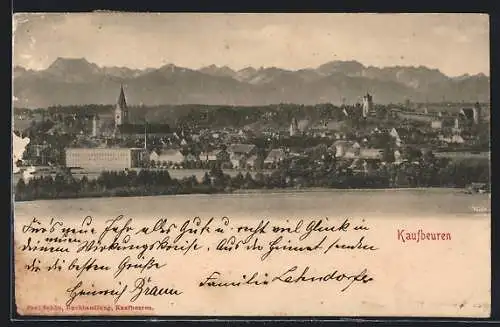 AK Kaufbeuren, Ortsansicht mit St. Martinskirche, Alpenpanorama und Gedicht