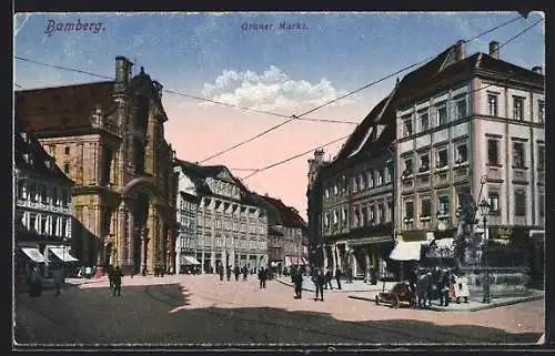AK Bamberg, Grüner Markt mit Geschäften und Brunnen