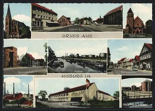 AK Misburg i. H., Bahnhofstrasse, Zementfabrik Germania, Kardinal-Galen-Schule, Hindenburg-Schleuse, Hafen