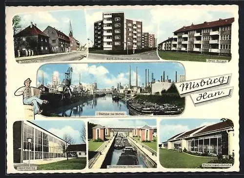 AK Misburg /Han., Bahnhofstrasse, Kurt-Schumacher-Ring, Hafenpartie, Sporthalle, Pestalozzi-Schule, Hindenburg-Schleuse
