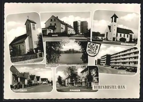 AK Berenbostel /Han., Tilsiter Strasse, Danziger Strasse, Birkenweg, evang. und kath. Kirchen, Partie auf dem Kronsberg