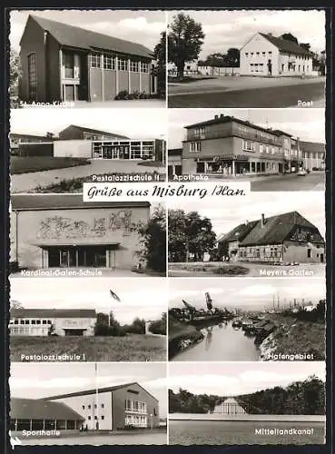 AK Misburg /Han., Gasthof Meyers Garten, St. Anna-Kirche, Post, Pestalozzischule II, Apotheke, Sporthalle
