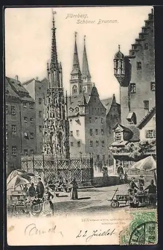 Lithographie Nürnberg, Partie am schönen Brunnen