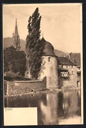 AK Thann, Uferpartie mit Blick zum Kirchturm