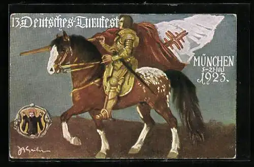 AK München, 13. Deutsches Turnfest 1923, Ritter zu Pferde mit Turnerfahne, Münchner Kindl