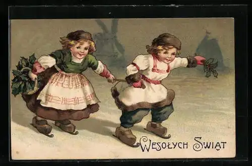 AK Holländisches Kinderpaar auf Schlittschuhen, Weihnachtsgruss