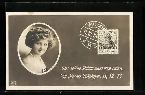 AK Frauenportrait, Briefmarke mit Datum 11.12.13