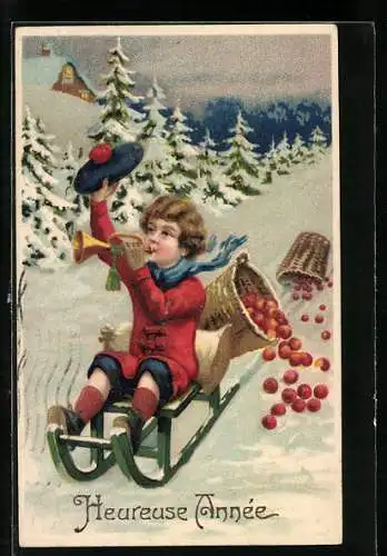 Präge-Lithographie Kind mit Trompete auf einem Schlitten, Neujahrsgruss