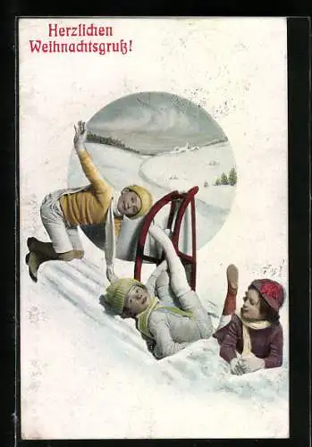 AK Kinder mit Schlitten im Schnee, Weihnachtsgruss