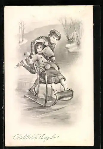 AK Kinder mit Schlitten auf dem Eis, Neujahrsgruss