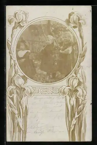 Foto-AK Drei kleine Mädchen in einem Garten, Lilien