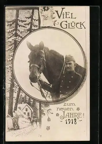 Foto-AK Soldat mit Pferd, Reiter im Schnee, Neujahrsgruss