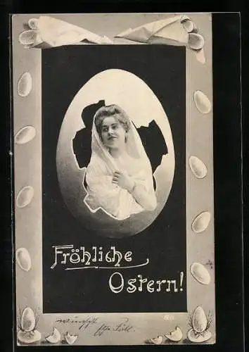 AK Junge Dame in einem Ei, Ostergruss