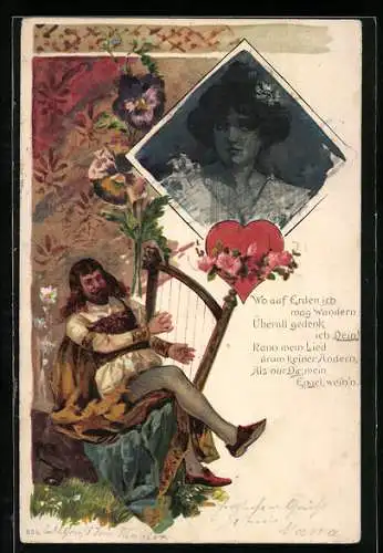 Lithographie Harfenspieler gedenkt seiner Liebsten, Portrait der Dame mit Liebesschwur, Darstellung im Jugendstil