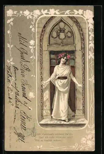 Lithographie Eine junge Frau am Hauseingang, im geprägten Jugendstil-Passepartout