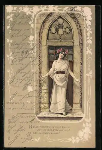 AK Schöne Frau vor einer verschlossenen Tür, Jugendstil