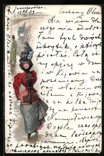 Lithographie Eine Frau in taillierter roter Jacke mit einem Federhut, Jugendstil