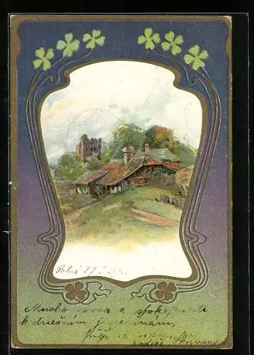 Lithographie Ein altes Haus vor der Burgruine, im Jugendstil-Passepartout mit Glücksklee