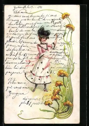 Lithographie Junge Frau im Sommerkleid mit Federhut und Sonnenschirm, florales Jugendstil-Passepartout