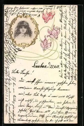AK Portrait eines jungen Mädchens im floralen Jugendstil-Passepartout