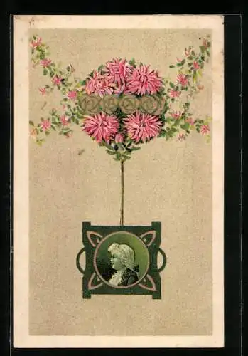 Präge-AK Seitliches Portrait eines Knaben an einer Blumengirlande hängend, Jugendstil