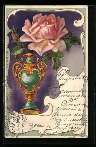 AK Vase mit rosa Rose, Jugendstil