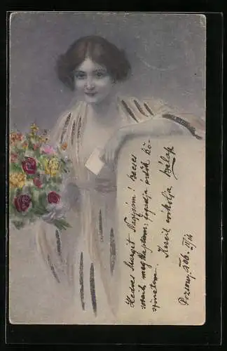 AK Junge Frau mit einem Strauss Blumen, Jugendstil